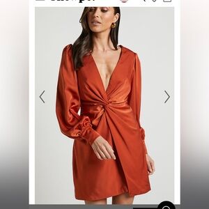 SHOWPO BILLIE MINI DRESS twist front long puff sleeves in copper (dark orange)
